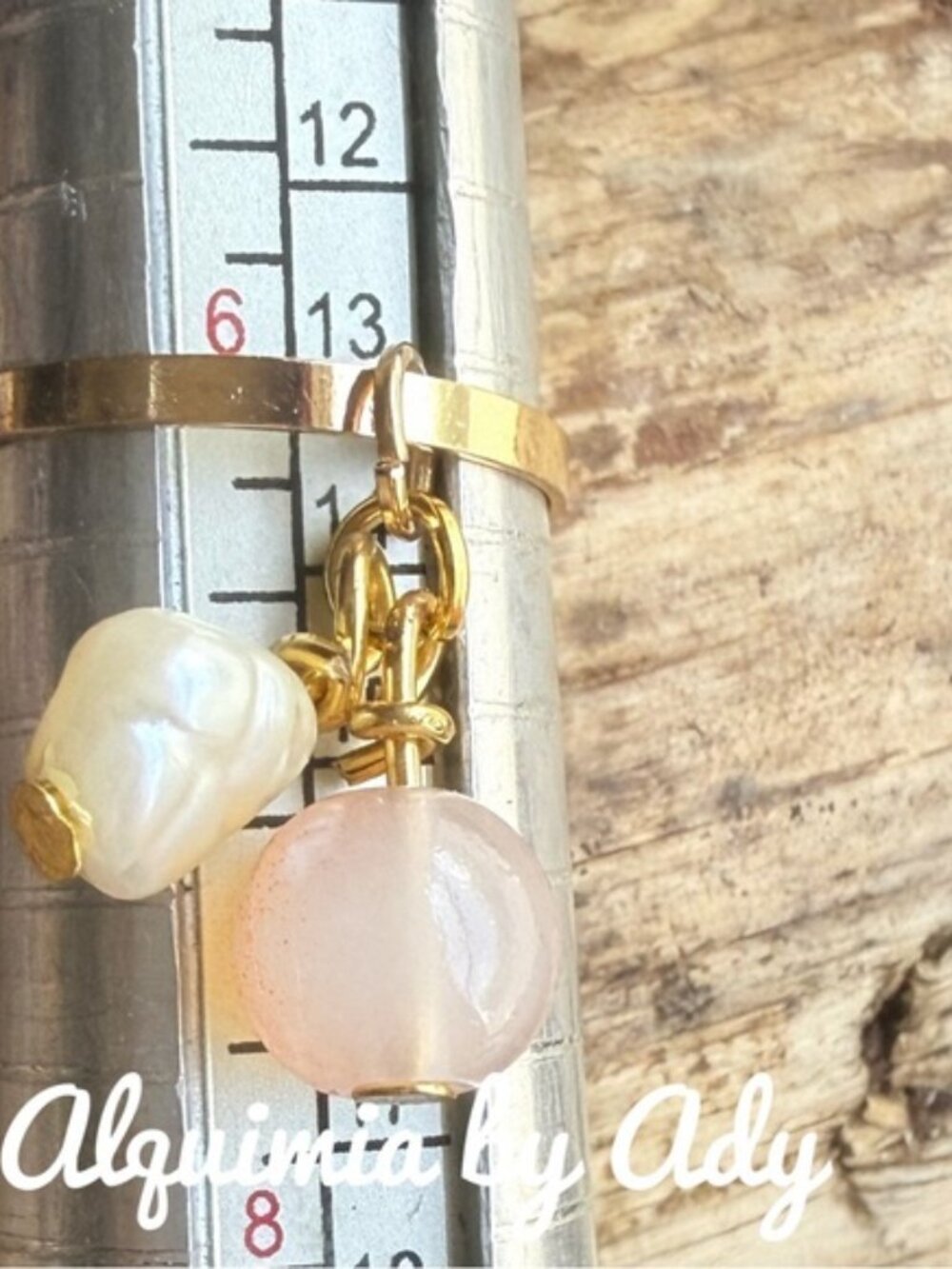 CUTE & SWEET+ freshwater pearl and peach moonstone tiny charms gold ring